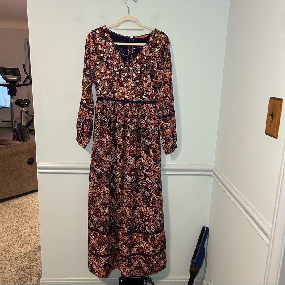 ModCloth Navy & Multi Floral & Daisy Appliqués Long Sleeve Maxi Dress Size Small